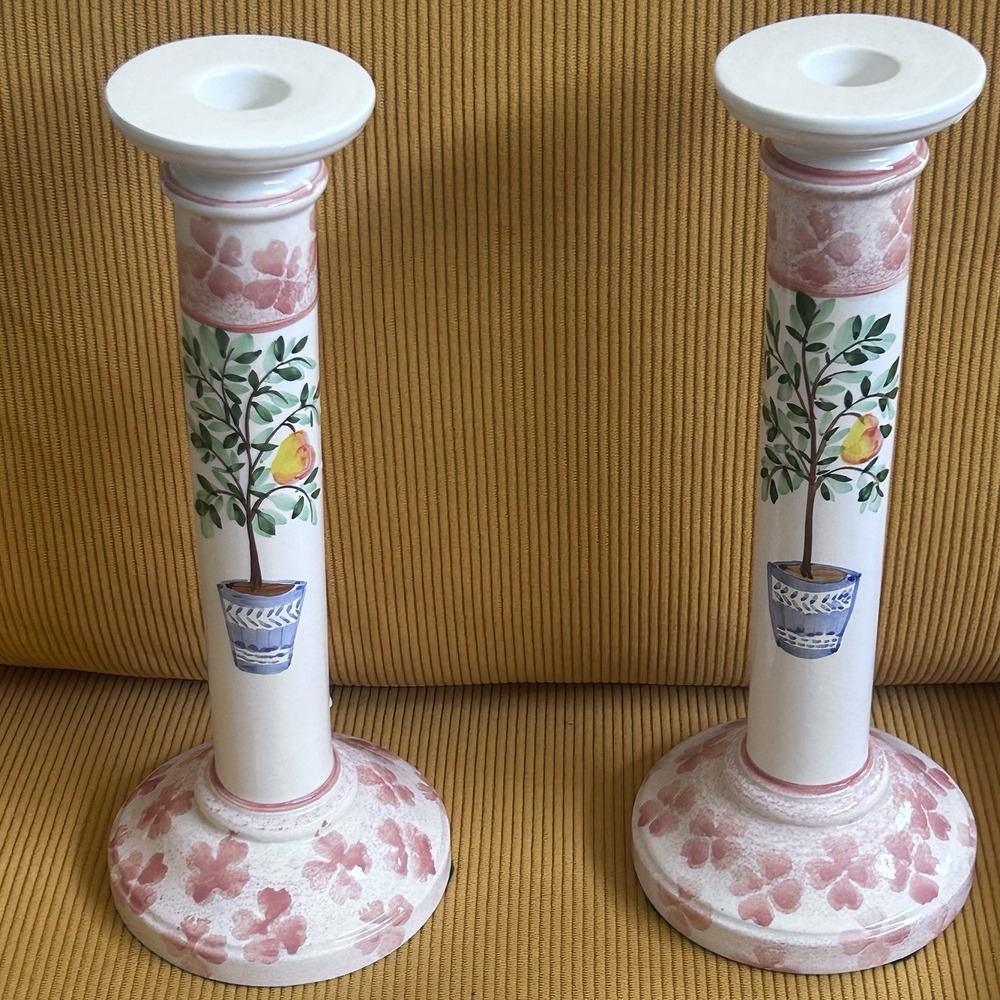 Vintage Ethan Allen 2 Hand Painted Ceramic Candle Holders Lemon Tree Italy